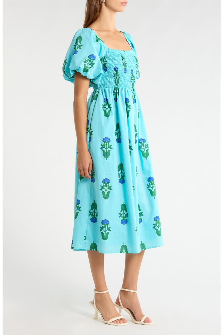 Amena Floral Maray Smocked Cotton Midi Dress, Alternate, color, BLUE GREEN