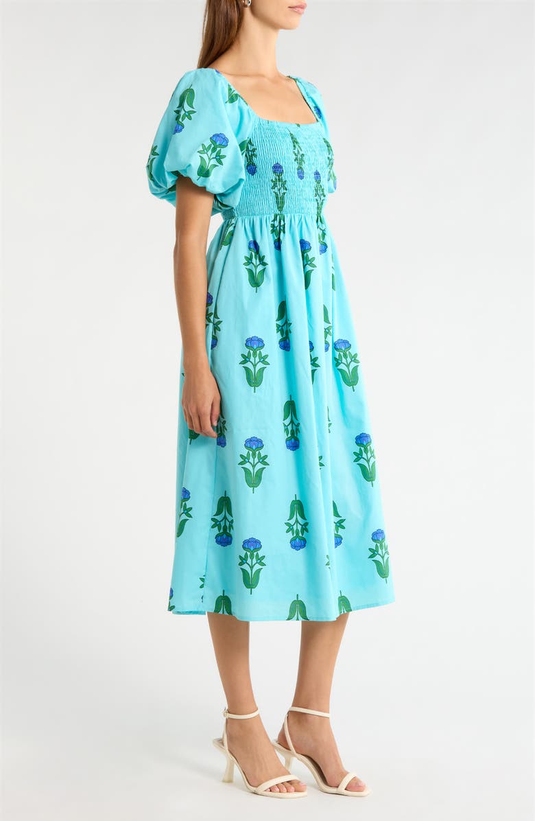 SUGARLIPS Amena Floral Maray Smocked Cotton Midi Dress, Alternate, color, Blue Green