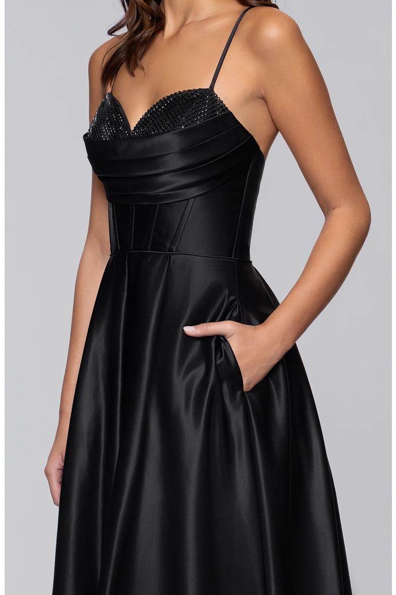 Diamante Lace-Up Ballgown, Alternate, color, BLACK