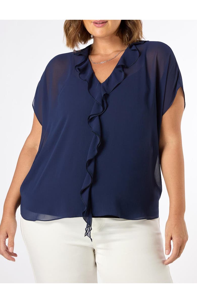 Live Unlimited Chiffon Ruffle Short Sleeve Blouse, Alternate, color, Navy