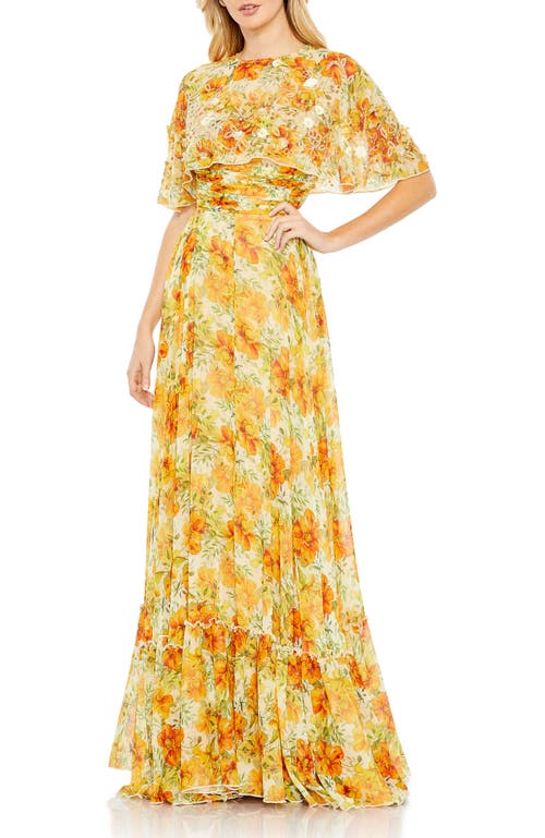 Mac Duggal Floral Print High Neck Cape Sleeve A Line Gown In Yellow Multi