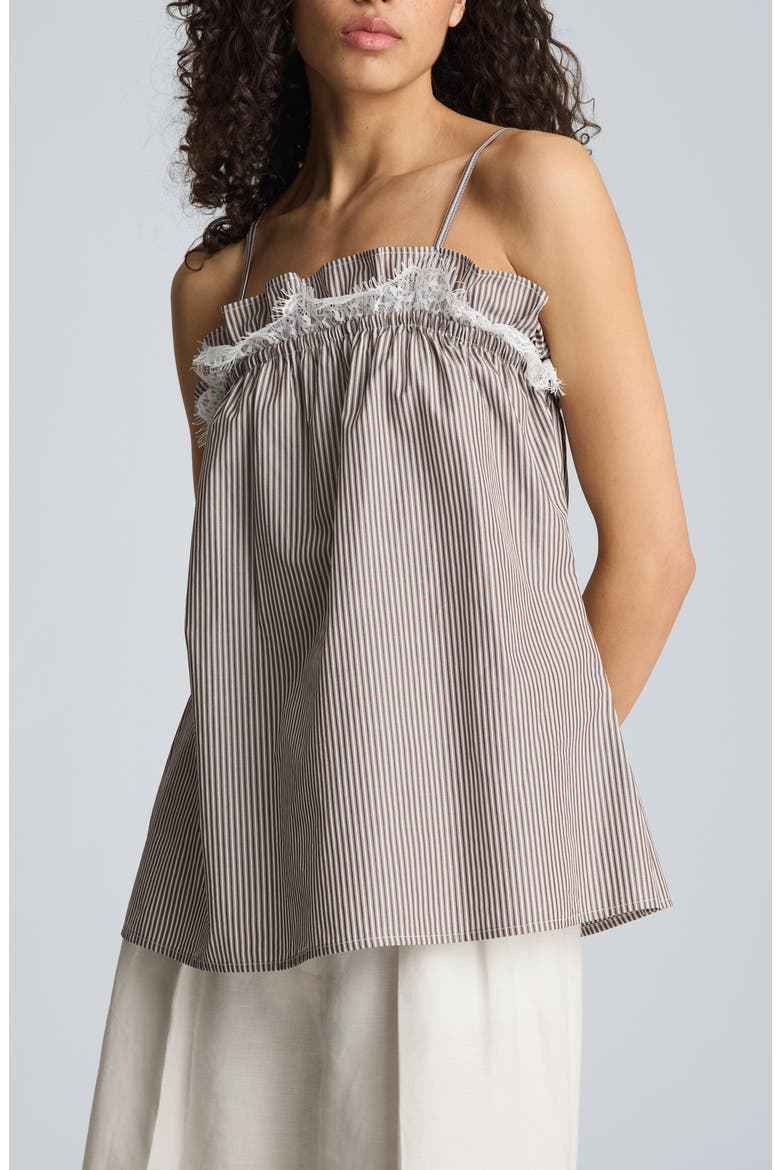 Shirred Lace Trim Cotton Camisole, Alternate, color, BRUNETTE / PURE WHITE