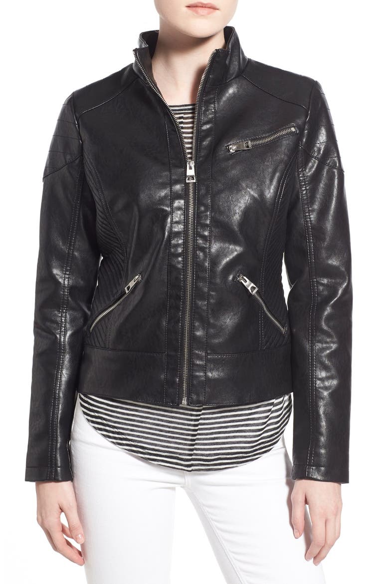 Quilt Detail Faux Leather Stand Collar Jacket, Alternate, color, BLACK