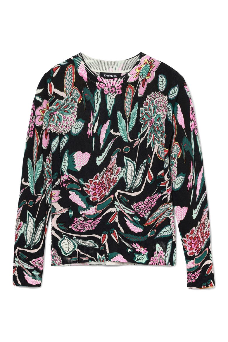 Manchester Floral Print Crewneck Sweater, Alternate, color, BLACK