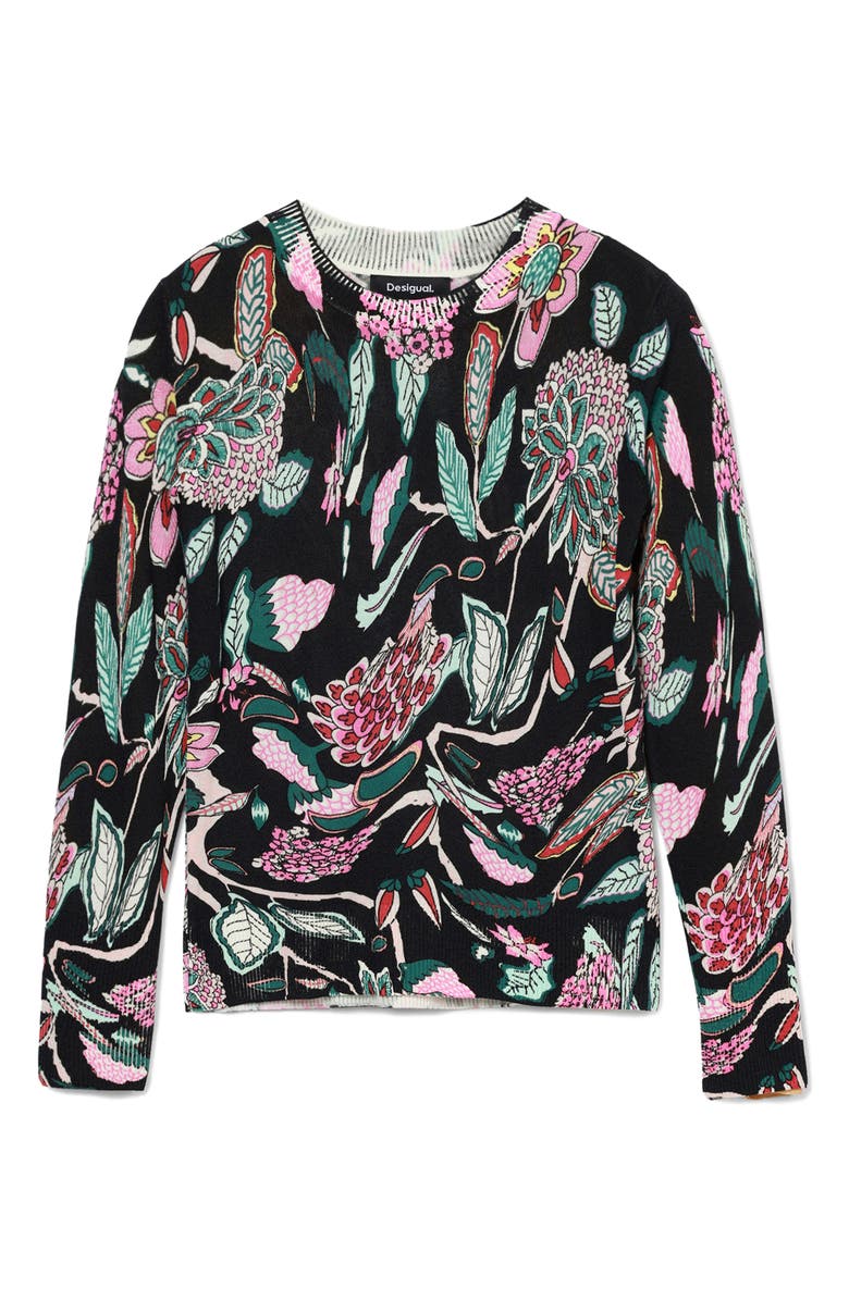 Desigual Manchester Floral Print Crewneck Sweater, Alternate, color, Black