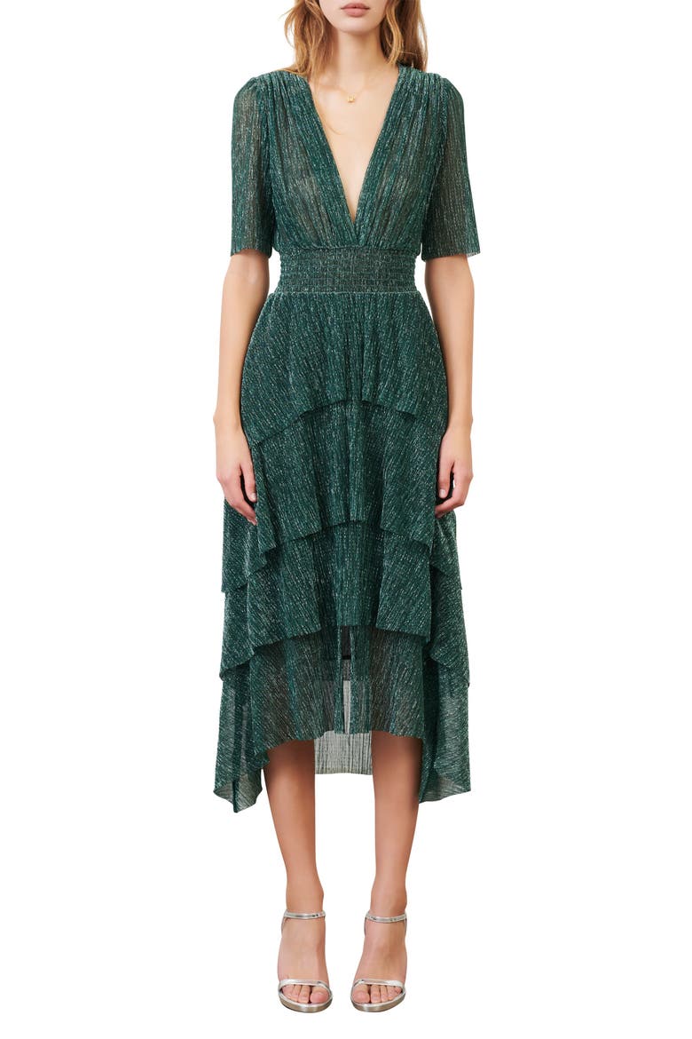 Metallic Thread Plunge Neck High/Low Dress, Main, color, GREEN