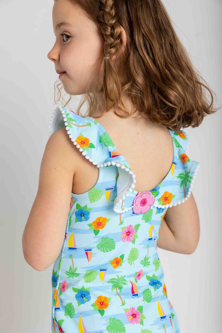 Tropical Print Ruffle Neck Swimsuit, Alternate, color, Multi
