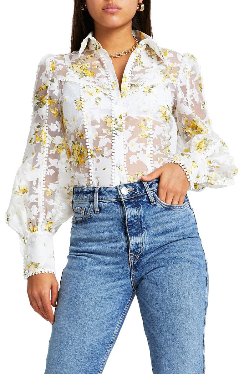 River Island Floral Print Organza Burnout Shirt, Main, color, 