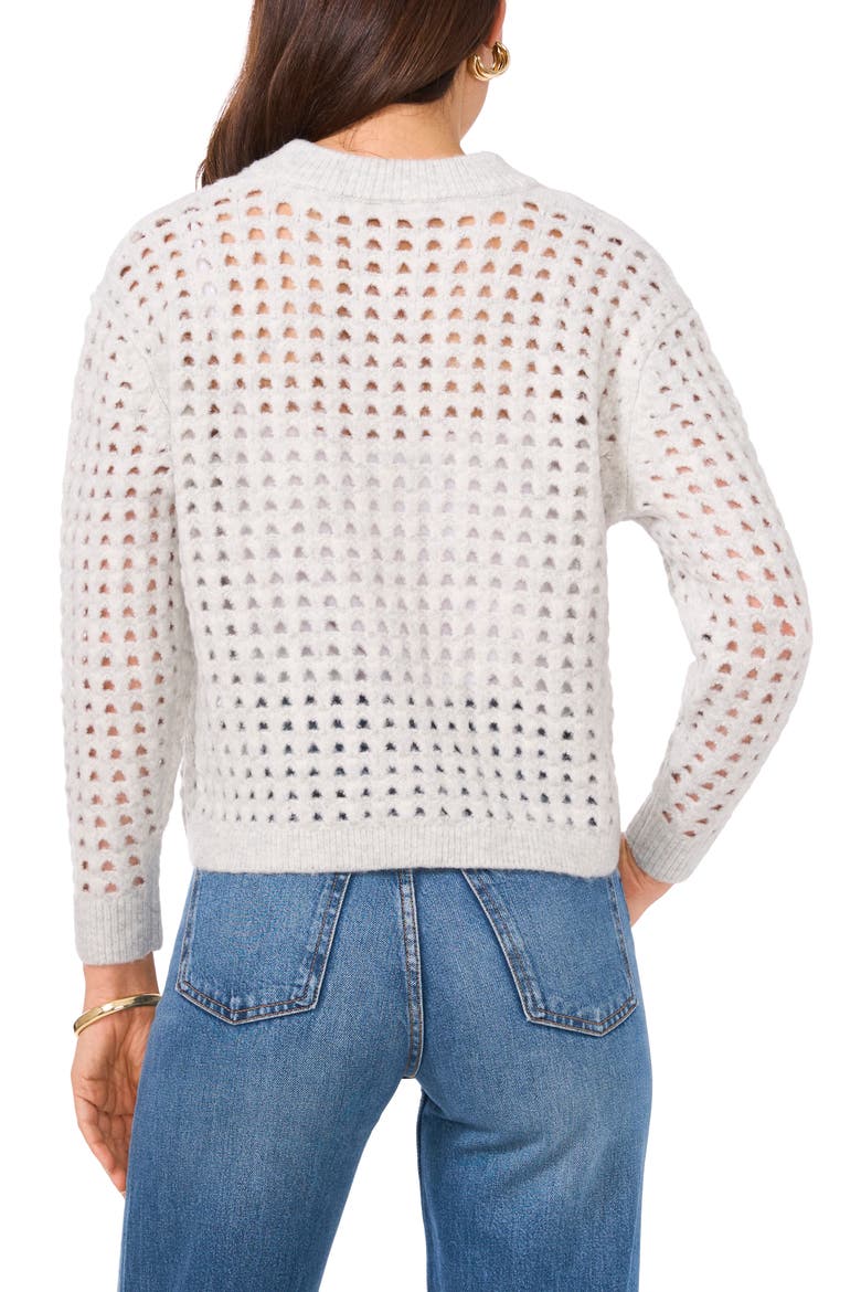 Pointelle Crewneck Cardigan, Alternate, color, SILVER HEATHER