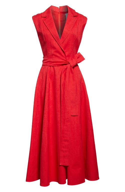 Carolina Herrera Sleeveless Slub Twill Faux Wrap Midi Dress In Herrera Red
