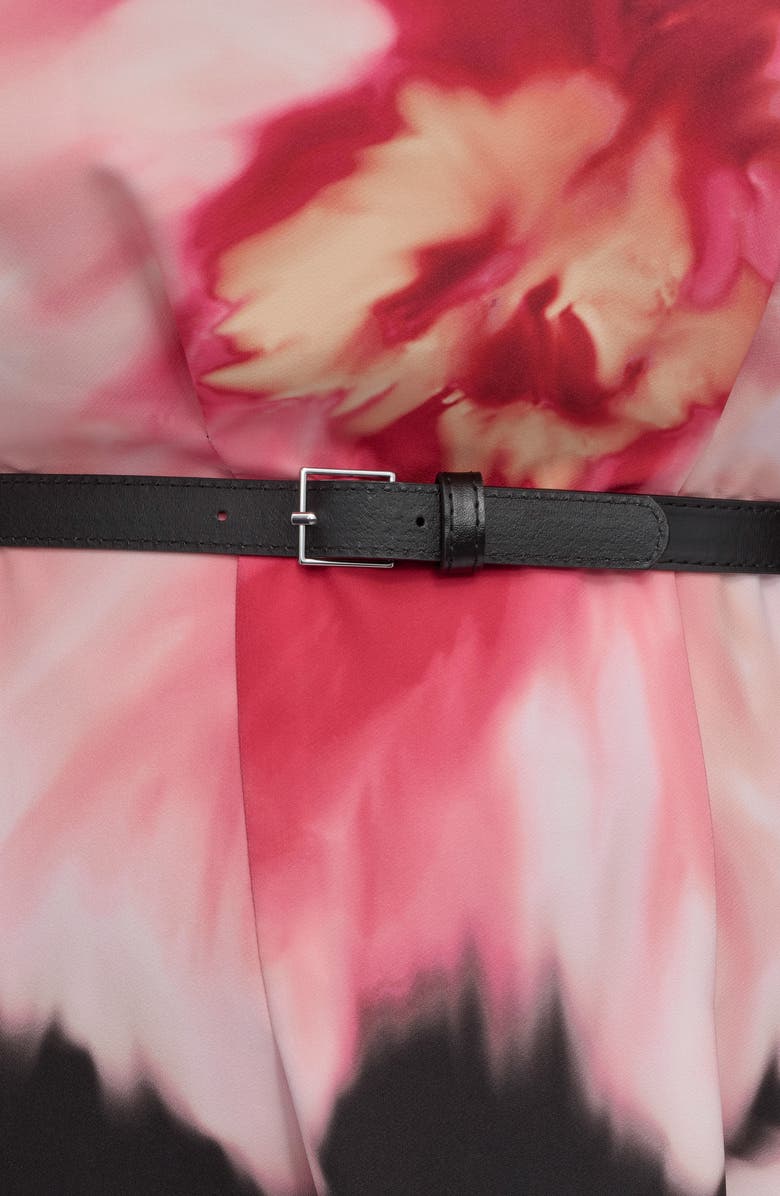 DKNY Floral Cap Sleeve Belted Midi Dress, Alternate, color, Black Multi