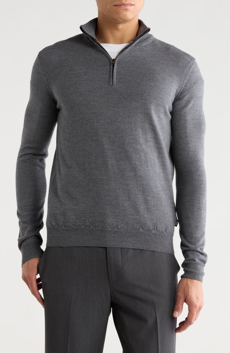 BOSS Birger Virgin Wool Quarter Zip Sweater, Main, color, Medium Grey