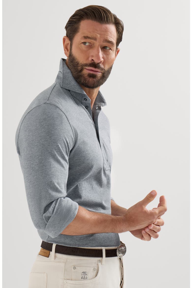 Cotton jersey long sleeve polo with shirt-style collar, Alternate, color, Medium Grey