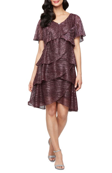 Tiered Shimmer Metallic Flutter Sleeve Dress
