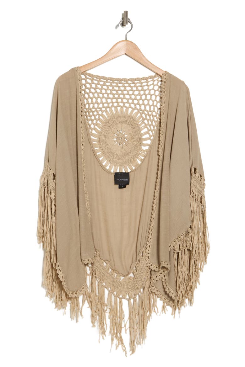 Open Knit Fringe Trim Ruana, Alternate, color, DARK TAUPE