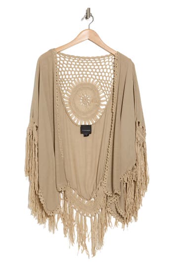 Forgotten Grace Open Knit Fringe Trim Ruana In Dark Taupe