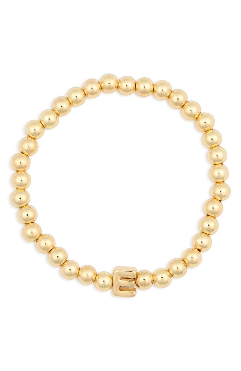 BaubleBar Pisa Initial Beaded Stretch Bracelet, Main, color, Gold E