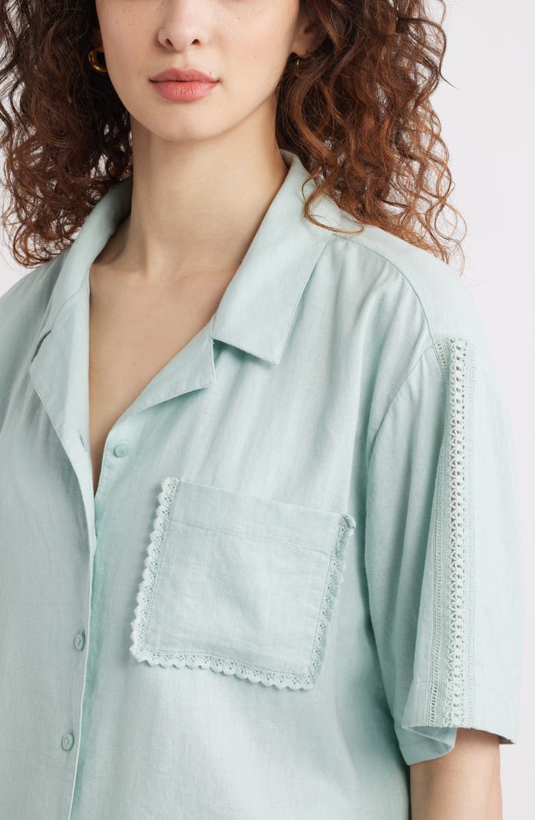 Treasure & Bond Novelty Linen Blend Camp Shirt, Alternate, color, Teal Tide