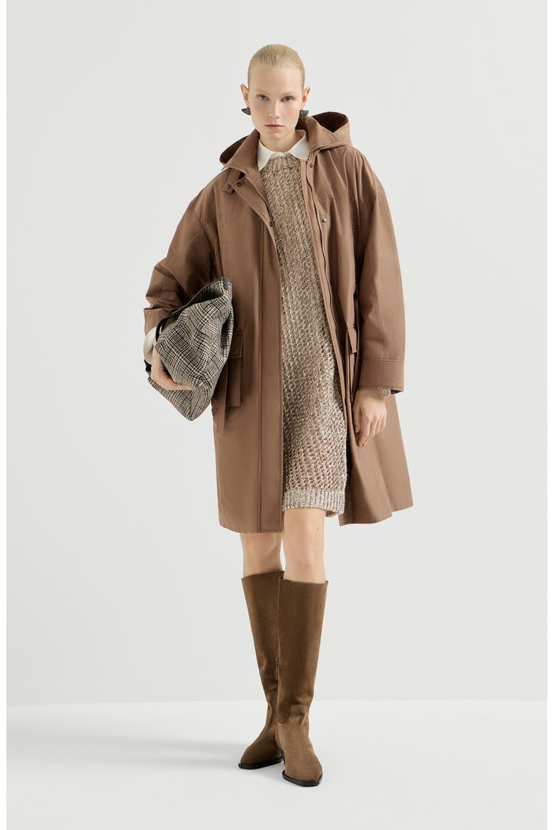 Techno cotton taffeta coat with detachable hood and shiny zipper pull, Alternate, color, Camel