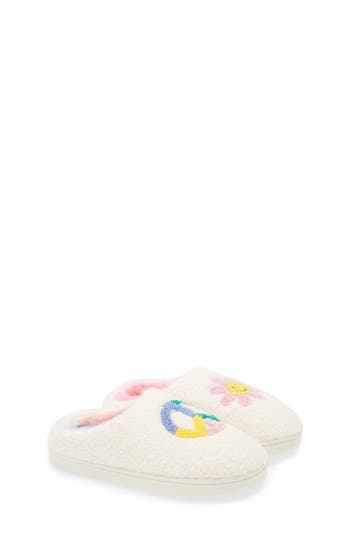 Harper Canyon Kids' Peace Flower Faux Fur Lined Faux Shearling Slipper In White