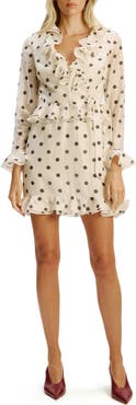 Bardot Polka Dot Frill Ruffle Long Sleeve Minidress