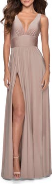 La Femme Empire Waist Gown with Deep V Neckline