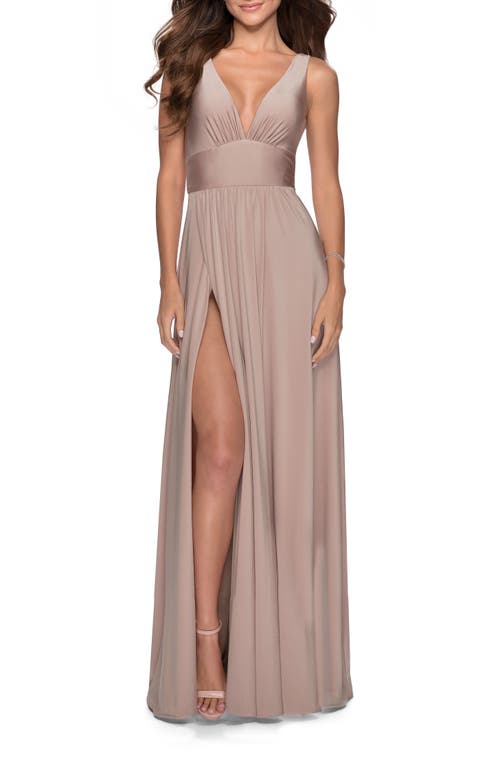 La Femme Empire Waist Gown With Deep V Neckline