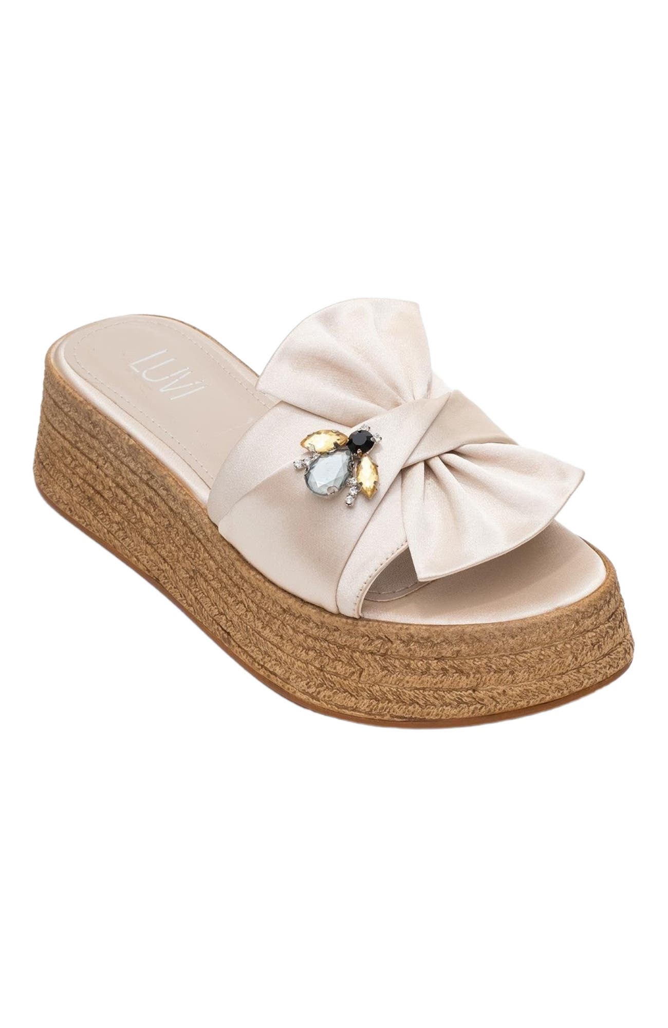 Prologue Shoes Shara Braided Bow & Bee Buckle Platform Sandal, Alternate, color, Beige Satin Faux Leather