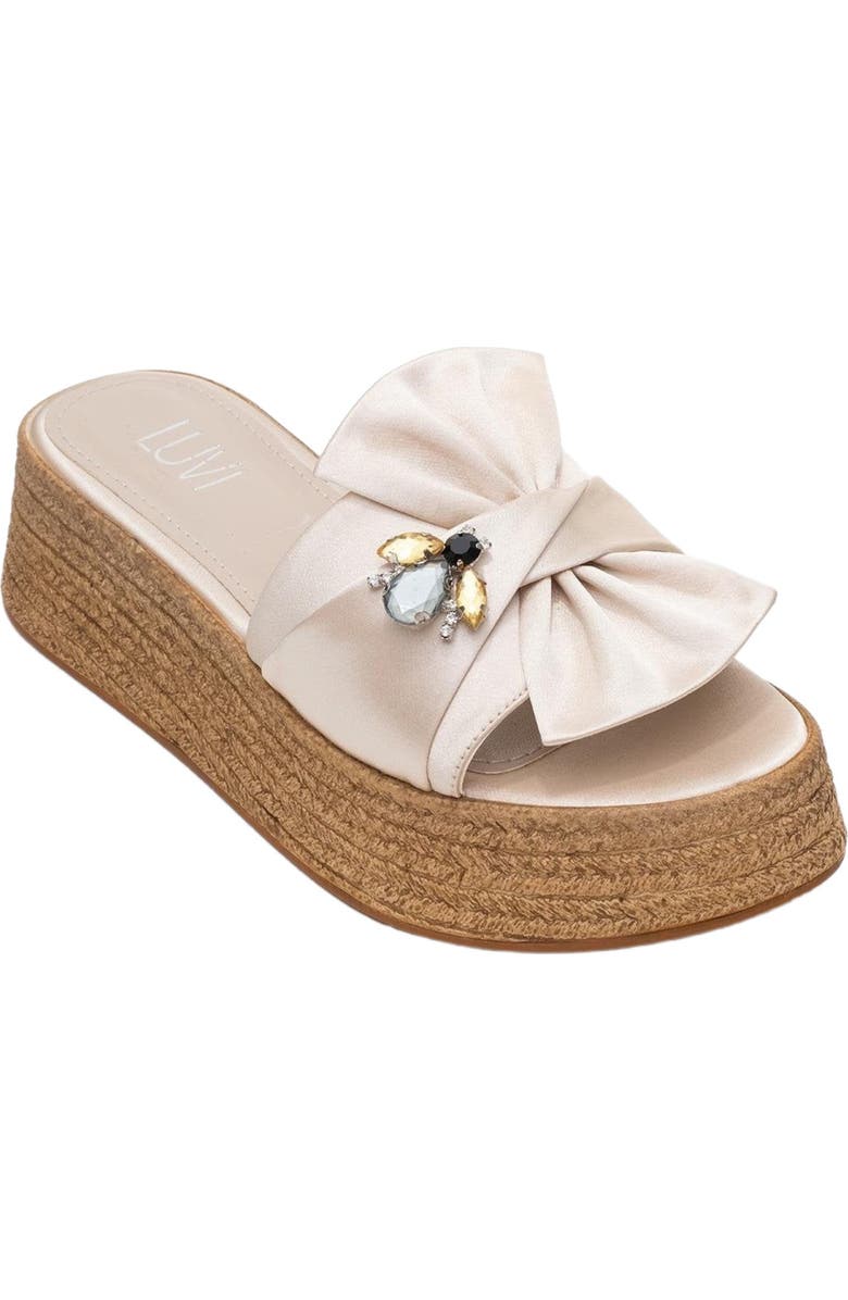 Prologue Shoes Shara Braided Bow & Bee Buckle Platform Sandal, Alternate, color, Beige Satin Faux Leather