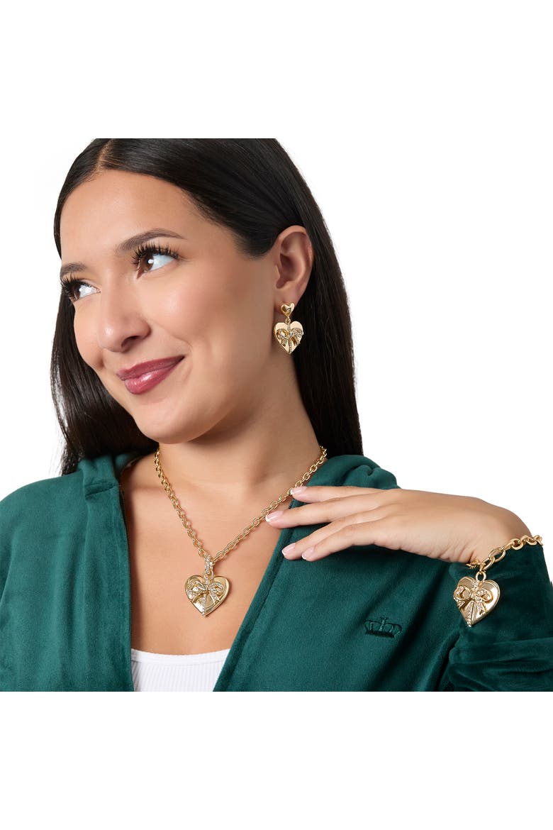 Quilted Double-Heart Drop Earrings, Gold-Tone with Crystal Accents, Alternate, color, Gold Tone