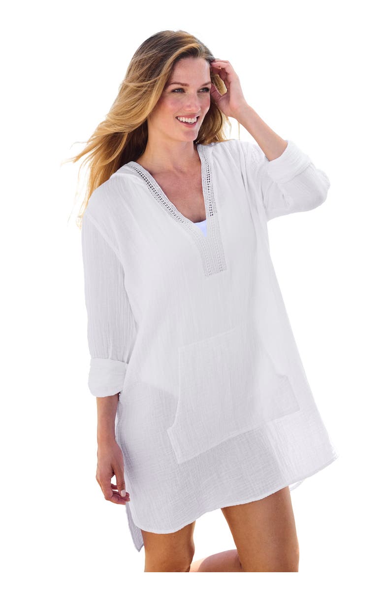 Swim 365 Embroidered Cotton Gauze Cover-Up, Main, color, White