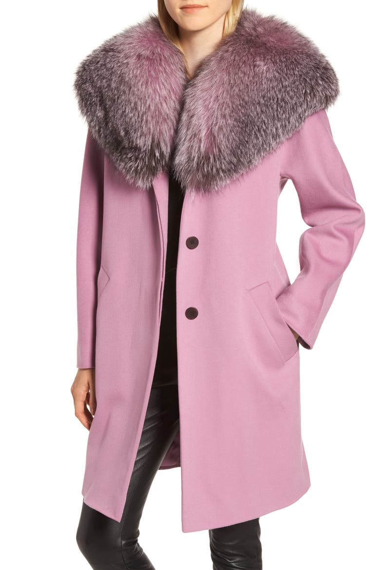 Wool Cocoon Coat with Genuine Fox Fur Collar, Main, color, LAVENDER