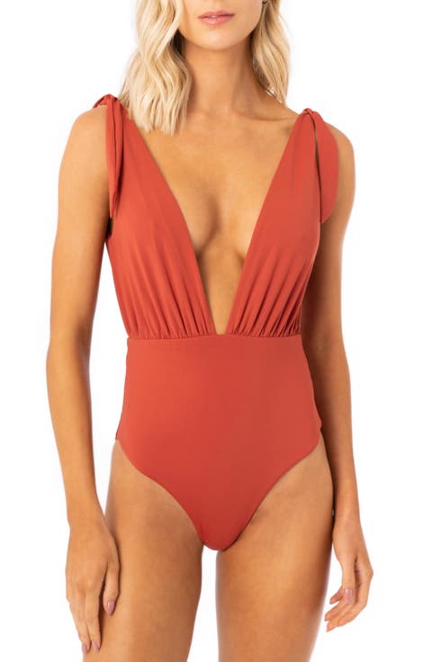 Burgundy Plunge Neck Open Back One-Piece Swimsuit