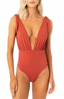 Maaji Burgundy Plunge Neck Open Back One-Piece Swimsuit