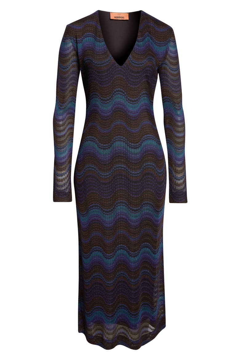 Wavy Stripe Long Sleeve Raschel Knit Midi Dress, Alternate, color, BLUE AND BROWN TONES