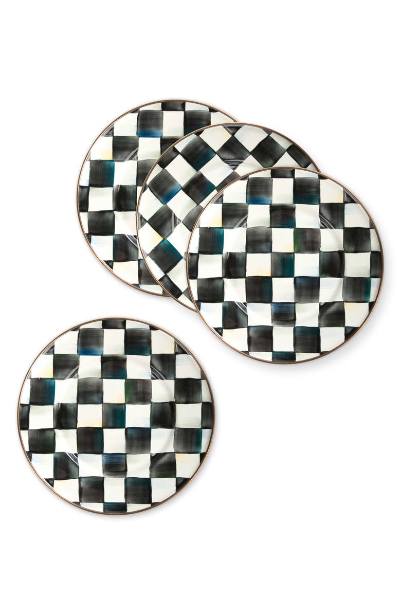 MACKENZIE CHILDS Courtly Check Set of 4 Enamel Salad Plates, Alternate, color, Black/ White