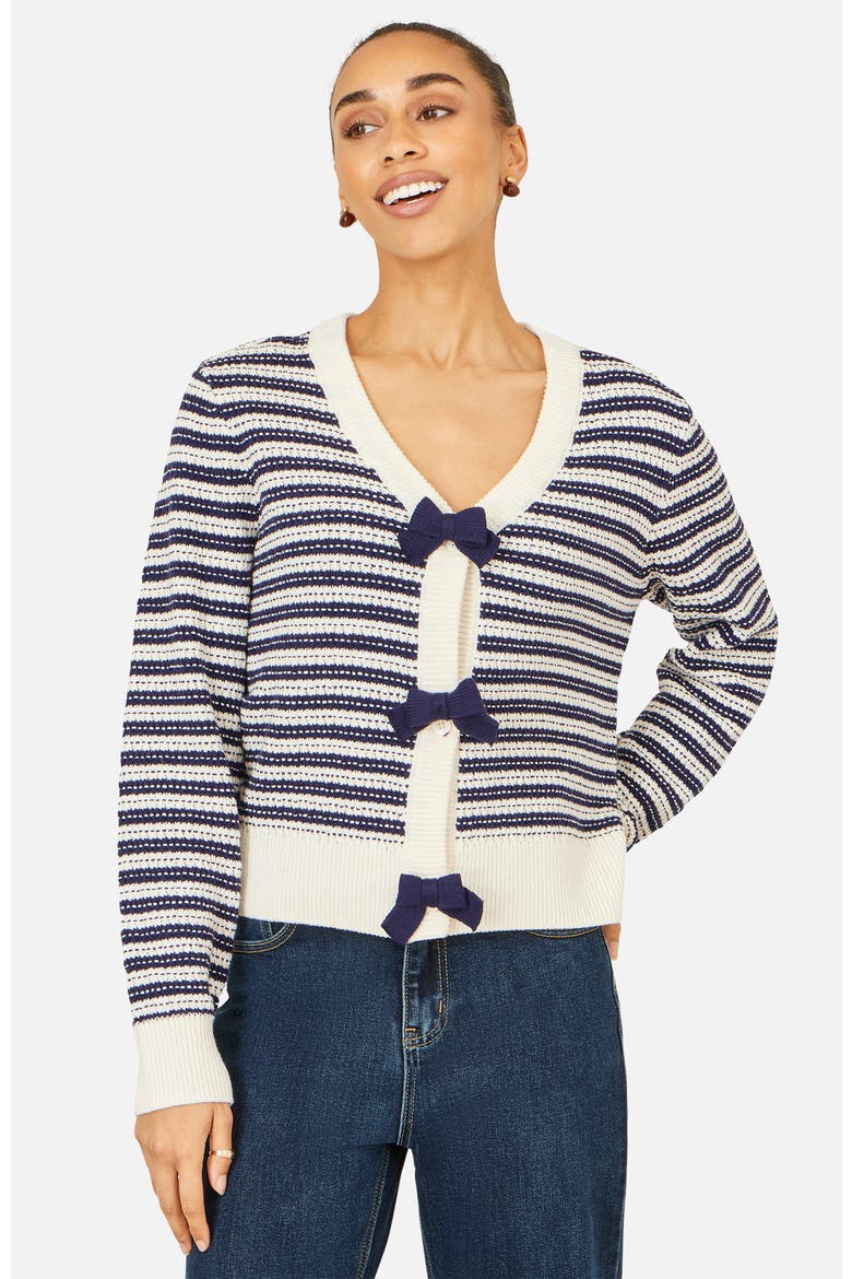 Stripe With Bow Detail Cardigan, Main, color, Navy