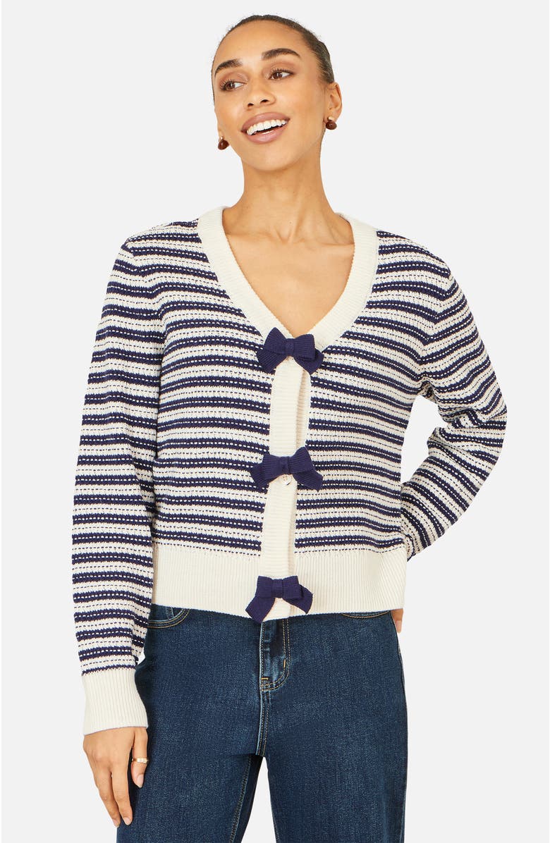 Yumi Stripe With Bow Detail Cardigan, Main, color, Navy