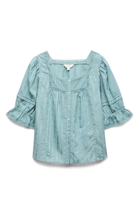 Floral Embroidered Lace Trim Button-Up Top