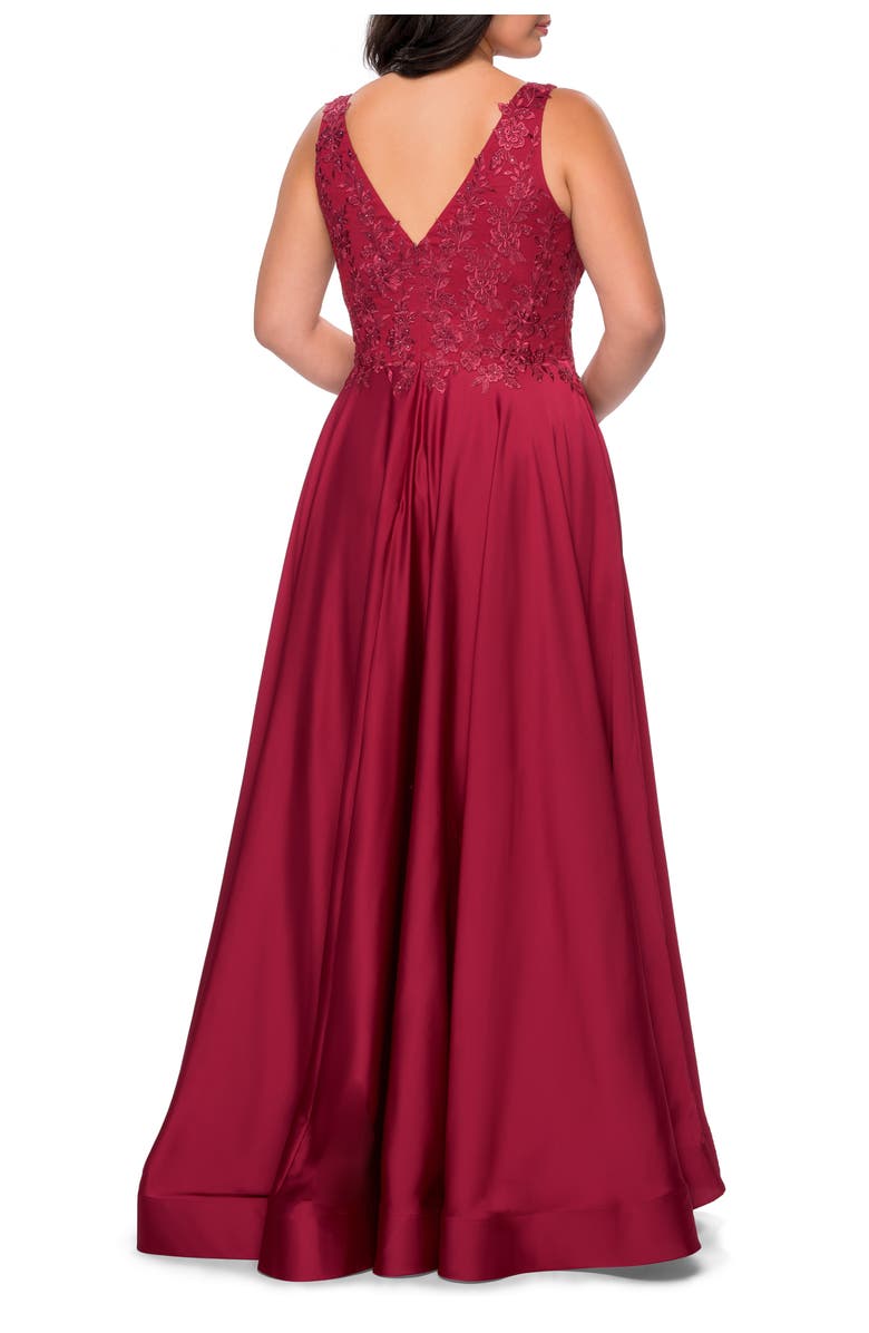 La Femme A-line Plus Size Dress with Rhinestone Lace Bodice, Alternate, color, Wine