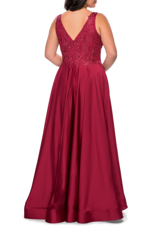 La Femme A-line Plus Size Dress With Rhinestone Lace Bodice