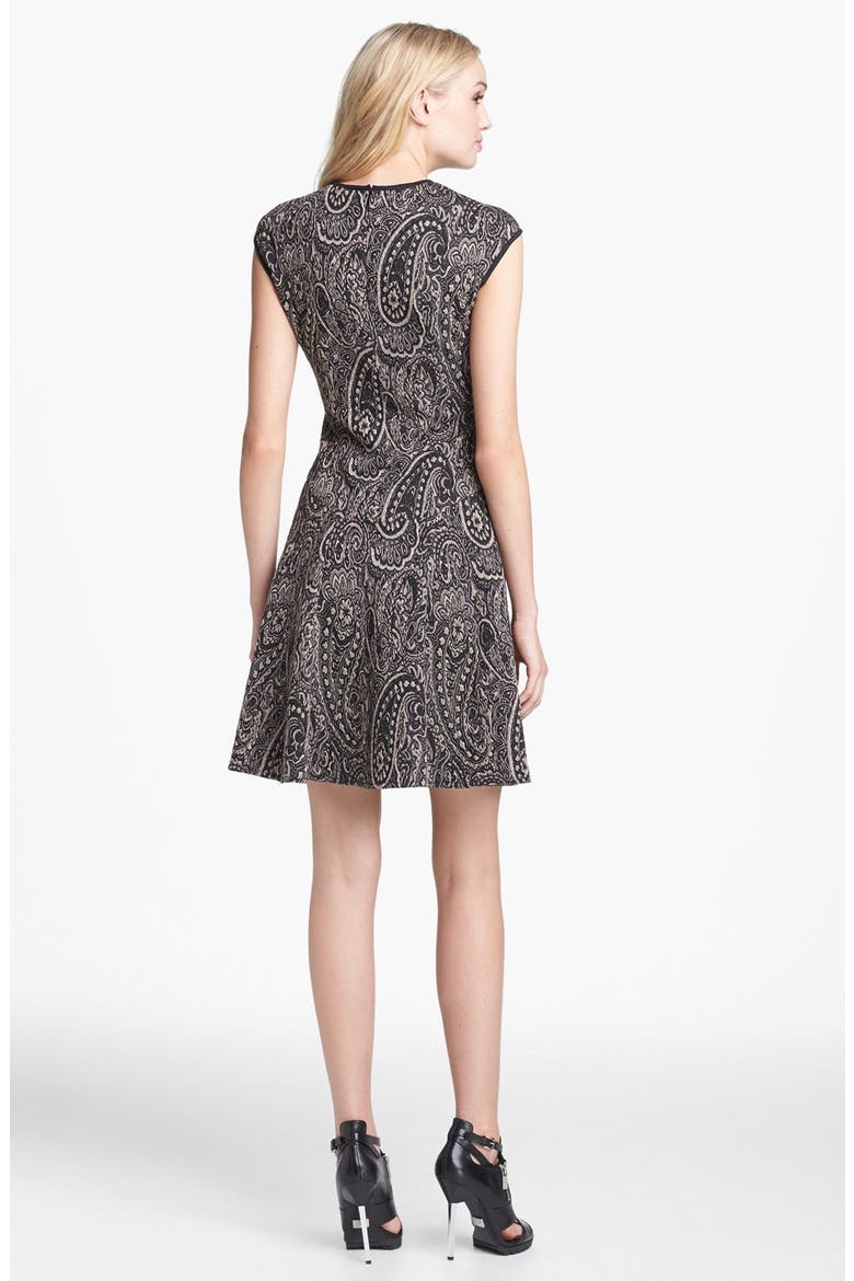 Jacquard Fit & Flare Sweater Dress, Alternate, color, BLACK/ KHAKI/ GOLD