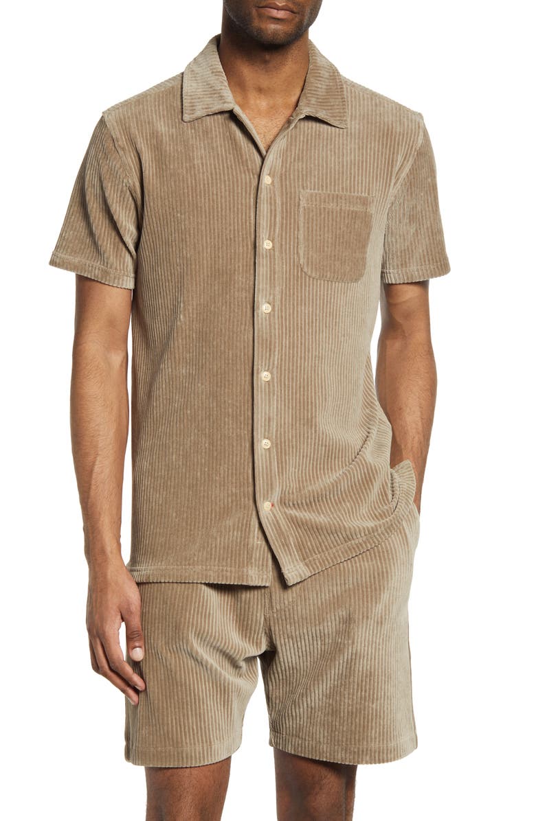 Oliver Spencer Riviera Corduroy Short Sleeve Organic Cotton Blend Button-Up Shirt, Main, color, Grey