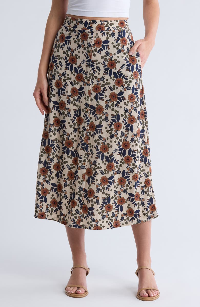 Bobeau Button Front Pocket Skirt, Main, color, Bran/ Indigo Floral