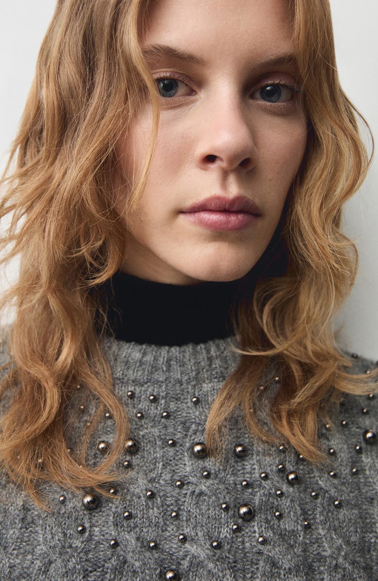 MANGO Studded Cable Knit Sweater, Alternate, color, 