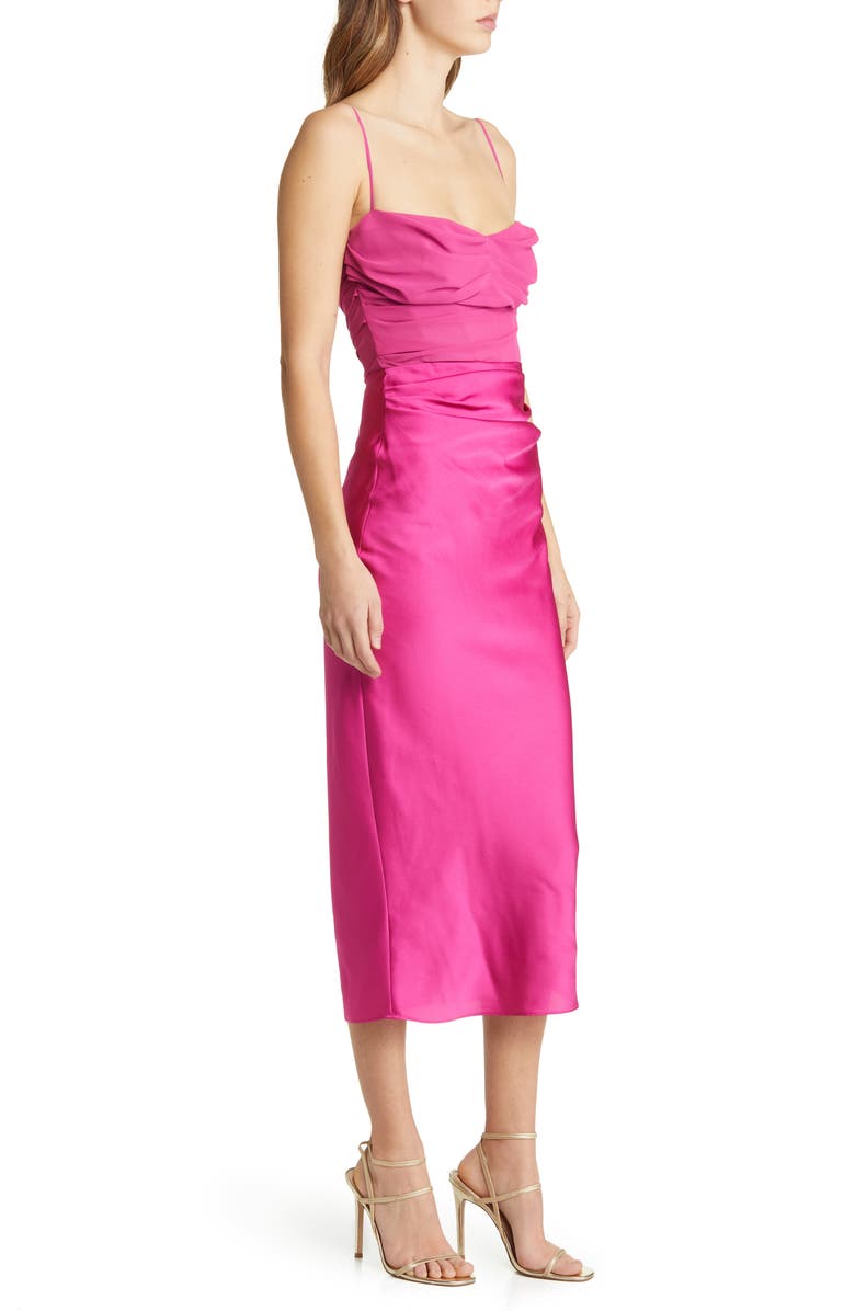 HOUSE OF CB Teia Satin & Georgette Corset Midi Dress, Alternate, color, Hot Pink