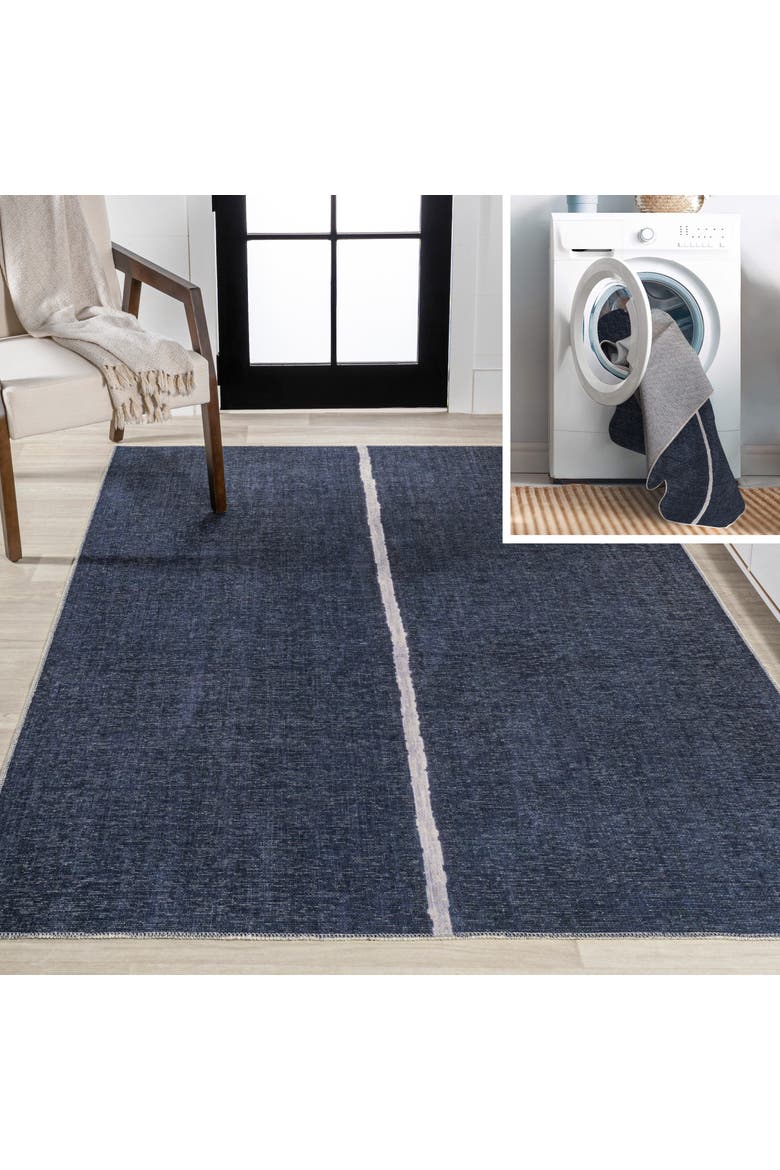 Linja Solid Centre Stripe Machine-Washable Area Rug, Main, color, Navy/Gray