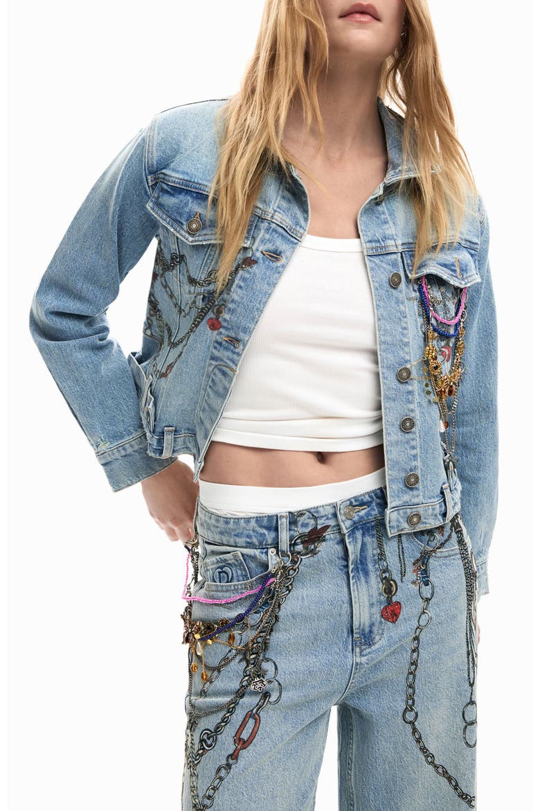Embellished Denim Trucker Jacket, Alternate, color, MEDIUM BLUE