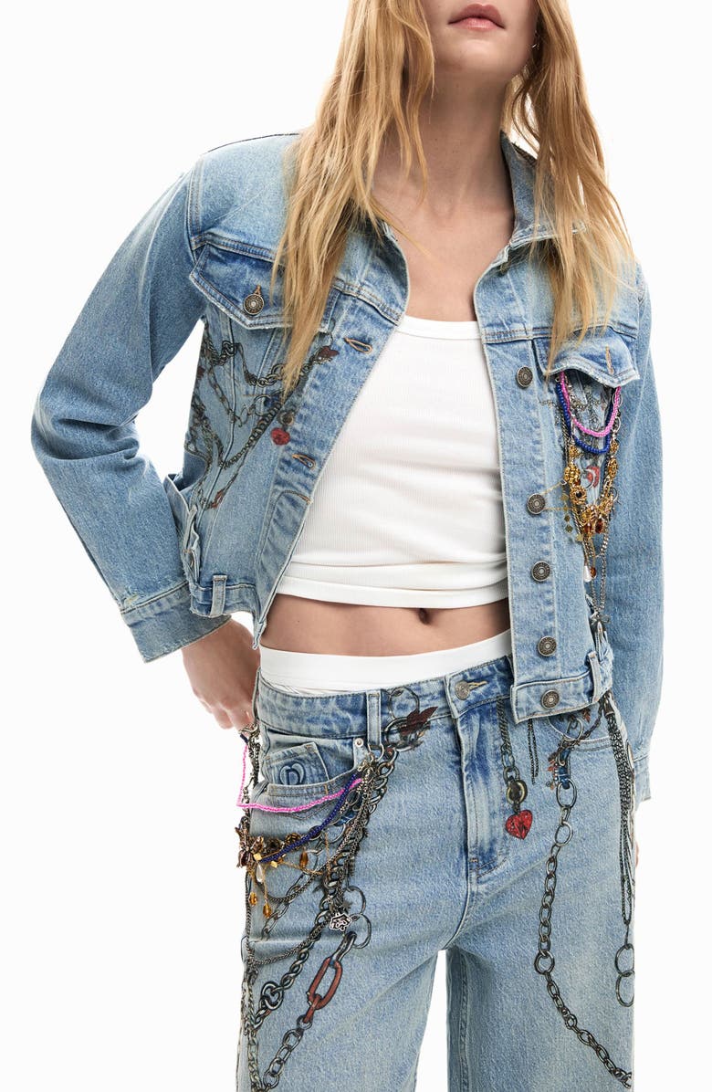Desigual Embellished Denim Trucker Jacket, Alternate, color, Medium Blue
