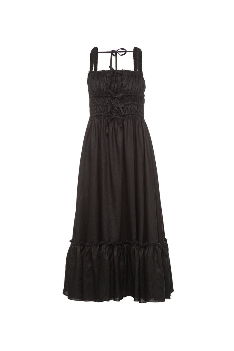 Amara Ruched Midi Linen Dress in Noir Black, Main, color, Noir Black